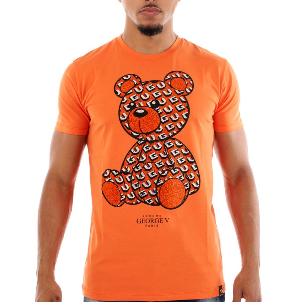 Avenue George V Paris T-shirt Men's Short sleeve Orange Teddy Bear Rhinestone XL
